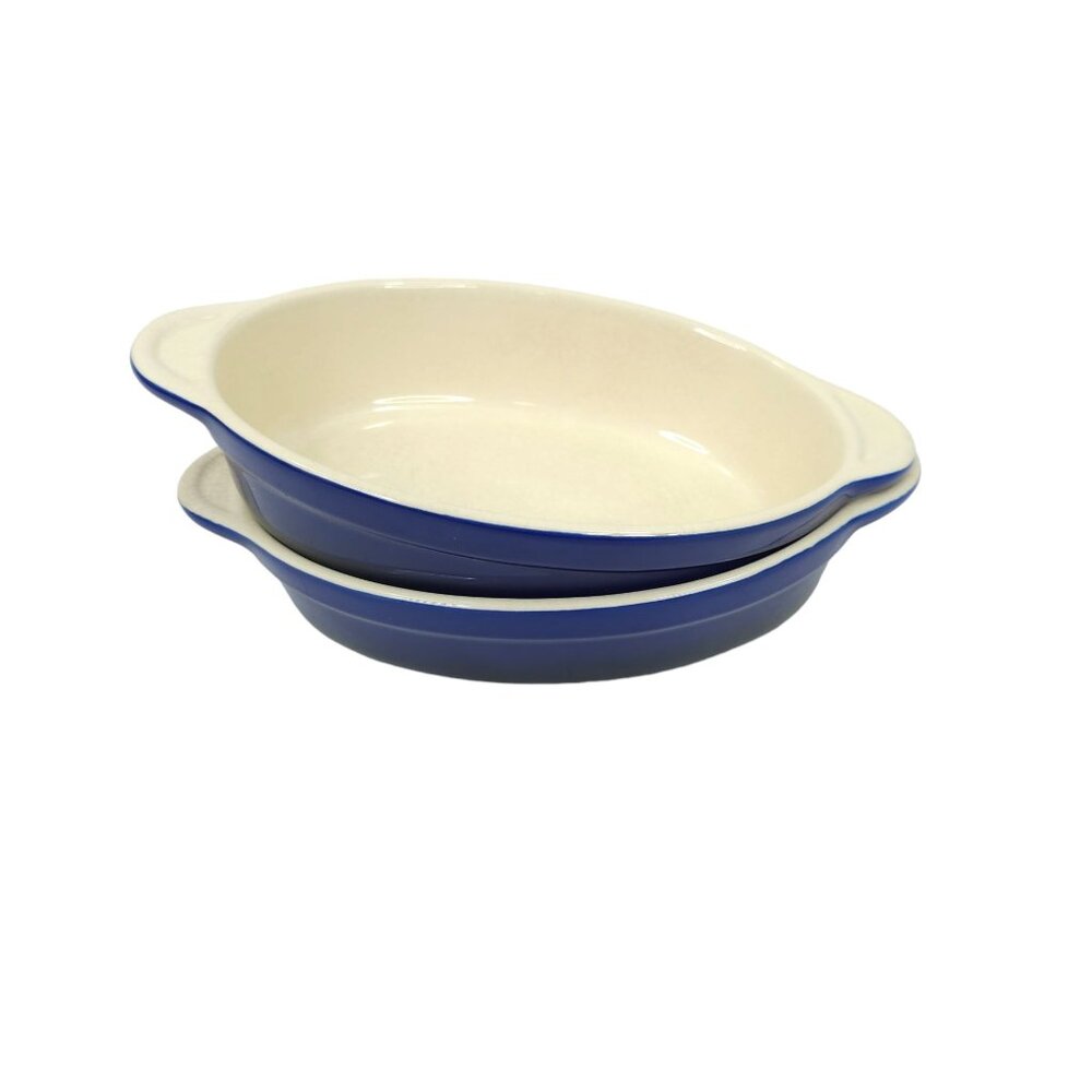 Denby Au Gratin Baking Dishes 2 Individual Oval Bakers 9x5 Blue Cream Stoneware